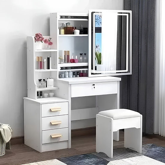 Tocador/Escritorio de 4 cajones con espejo con luz led y Taburete para niños®